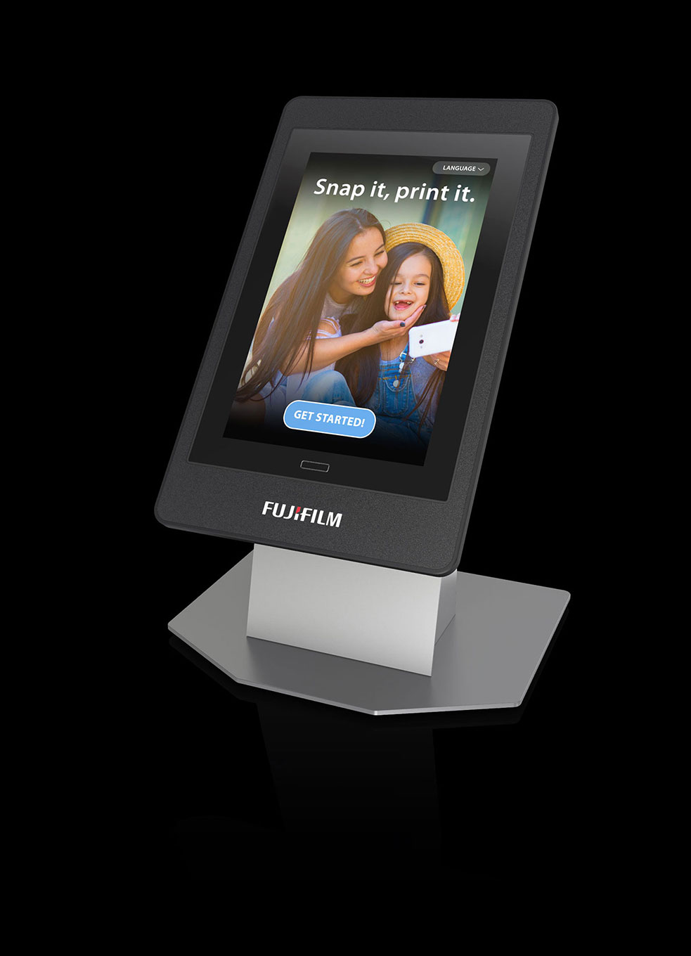 Sleek Fujifilm kiosk for printing photos at a retail counter with a beautiful touch screen.